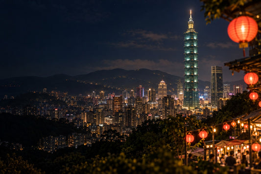 Taipei skyline at night with red lanterns
