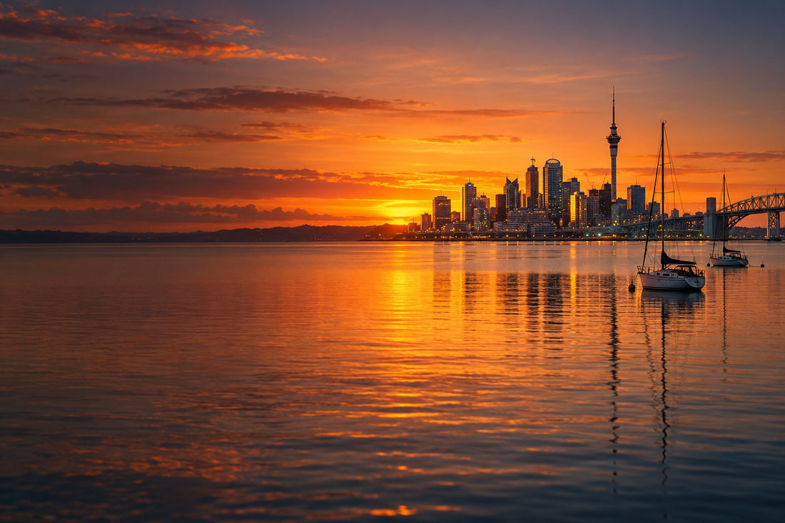 Auckland harbour and skyline at sunset
