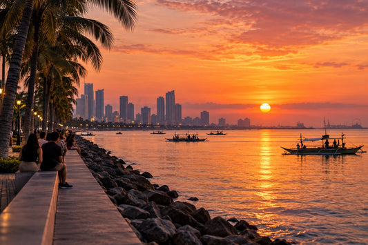Sunset over Manila Bay with palm trees along the promenade